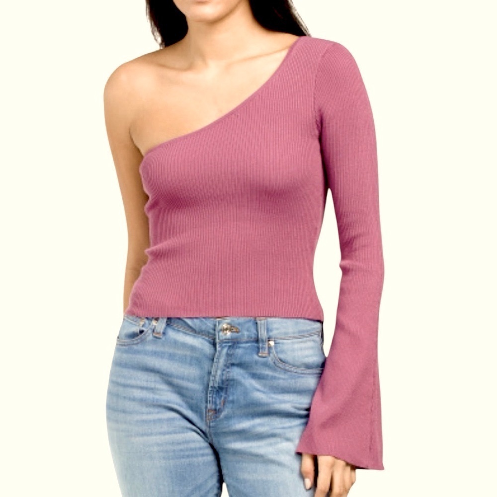 Emory Park Top Small One‎ Shoulder Bell Sleeve Purple Ribbed